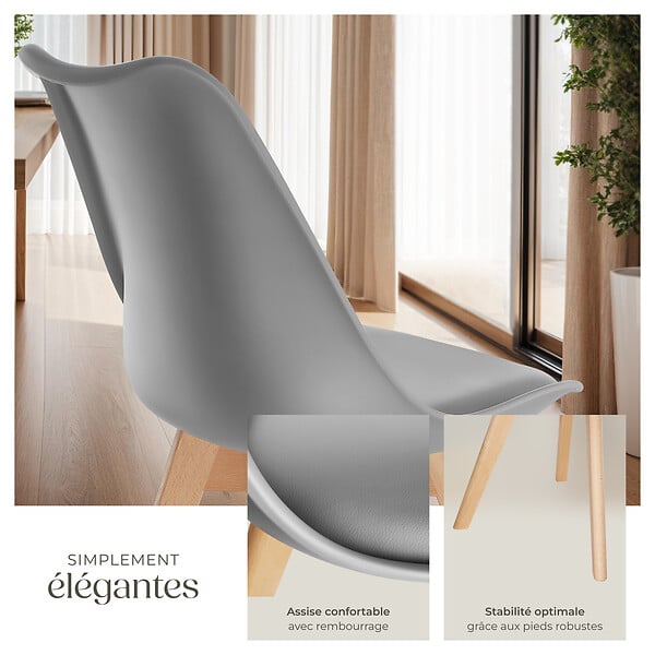 TECTAKE - Lot 6 chaises salle à manger style scandinave forme ergonomique gris - large