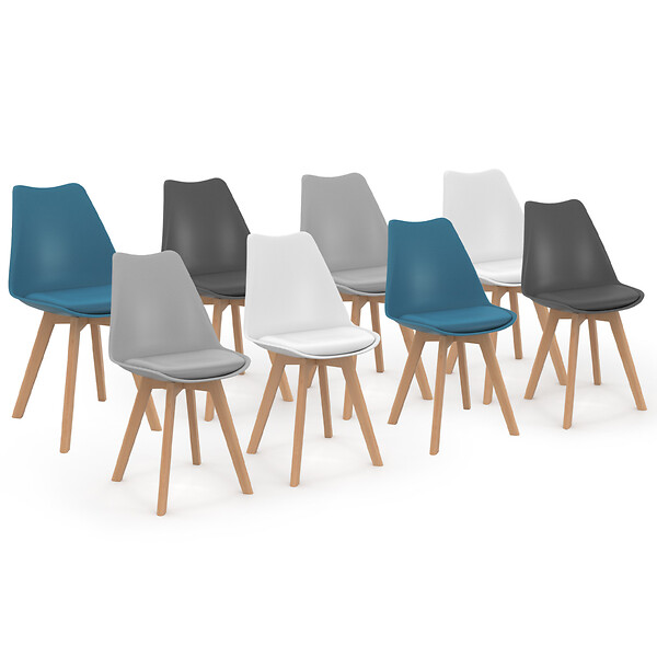 ID MARKET - Lot de 8 chaises scandinaves SARA mix color blanc x2, gris clair x2, gris foncé x2, bleu canard x2 - large