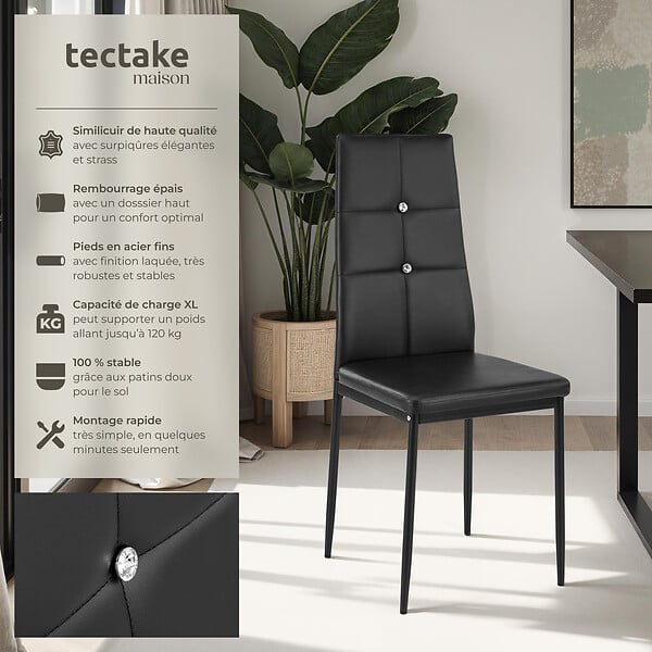 TECTAKE - Lot de 8 chaises avec strass revêtement en cuir synthétique noir - large