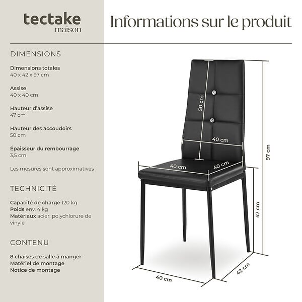 TECTAKE - Lot de 8 chaises avec strass revêtement en cuir synthétique noir - large