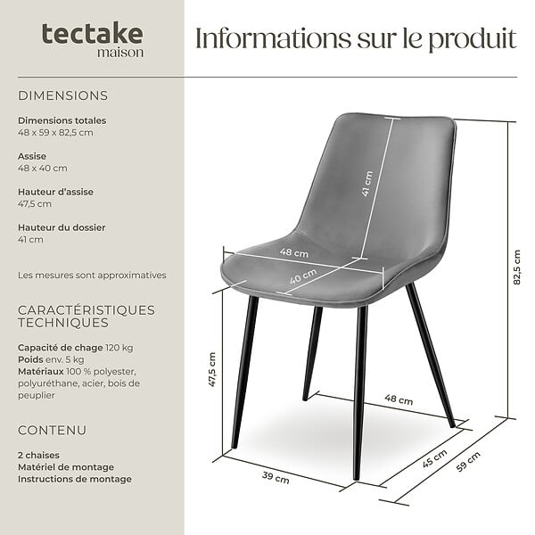 TECTAKE - Lot de 2 chaises Rembourrées aspect velours assise Ergonomique gris - large
