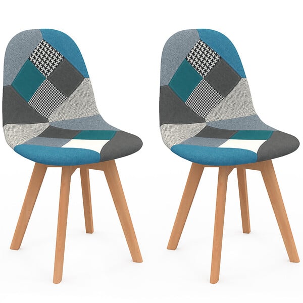 ID MARKET - Lot de 2 chaises scandinaves SARA motifs patchworks bleus - large
