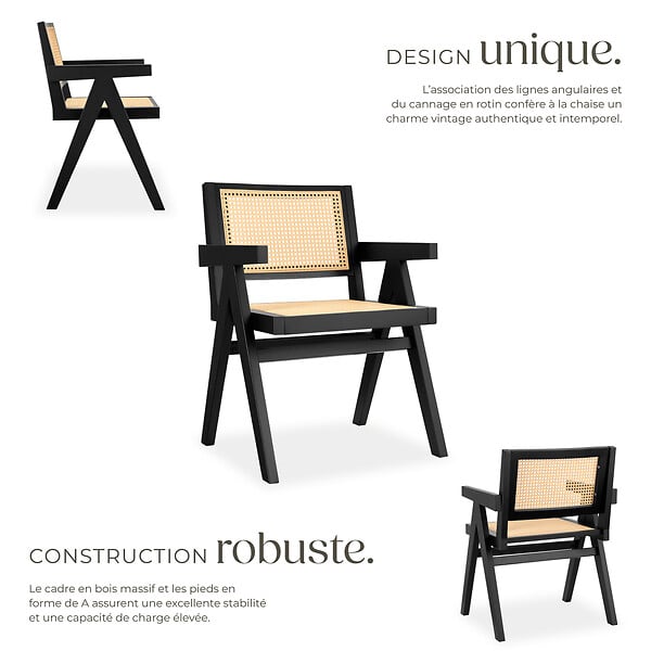 TECTAKE - Chaise de salle à manger cannage viennois accoudoirs style boho noir - large