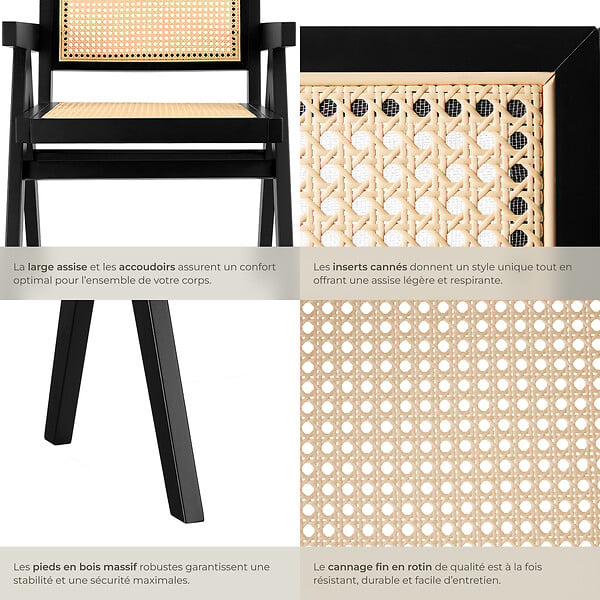 TECTAKE - Chaise de salle à manger cannage viennois accoudoirs style boho noir - large