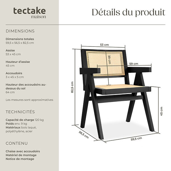 TECTAKE - Chaise de salle à manger cannage viennois accoudoirs style boho noir - large
