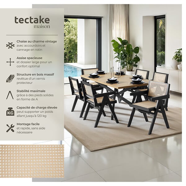 TECTAKE - Lot 6 chaises de salle à manger cannage viennois style boho noir - large