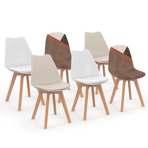 ID MARKET - Lot de 6 chaises scandinaves SARA beige, blanc et velours patchworks marron et beige - large