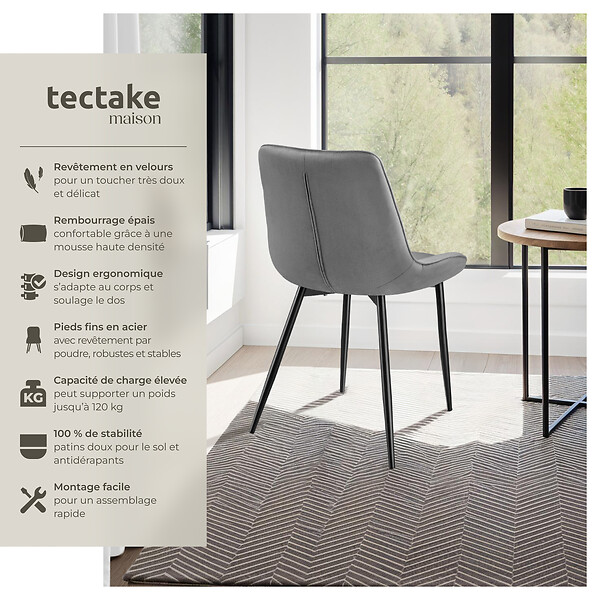TECTAKE - Lot de 6 chaises Rembourrées aspect velours assise Ergonomique gris - large