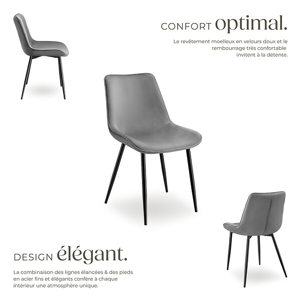 TECTAKE - Lot de 6 chaises Rembourrées aspect velours assise Ergonomique gris - large