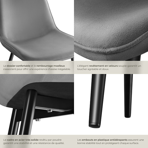 TECTAKE - Lot de 6 chaises Rembourrées aspect velours assise Ergonomique gris - large