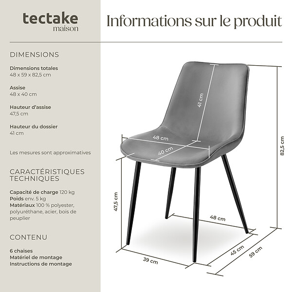 TECTAKE - Lot de 6 chaises Rembourrées aspect velours assise Ergonomique gris - large