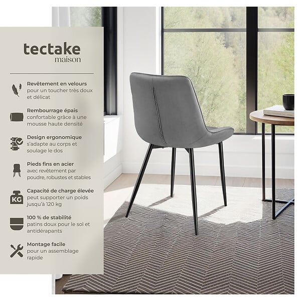 TECTAKE - Lot de 8 chaises rembourées aspect velours ergonomique gris - large