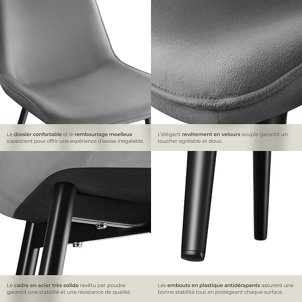 TECTAKE - Lot de 8 chaises rembourées aspect velours ergonomique gris - large