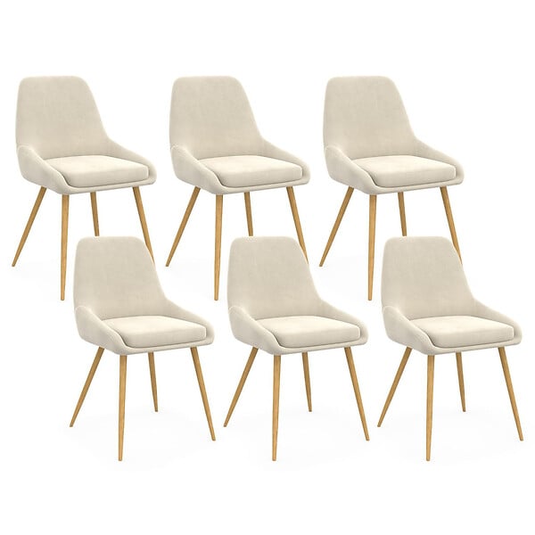 ID MARKET - Lot de 6 chaises de salle à manger THALYA en velours beige et pieds effet bois avec accoudoirs - large