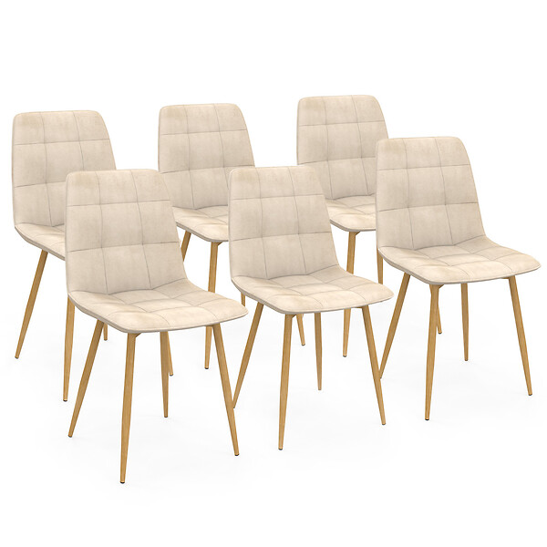 ID MARKET - Lot de 6 chaises MILA en velours beige et pieds effet bois pour salle à manger - large
