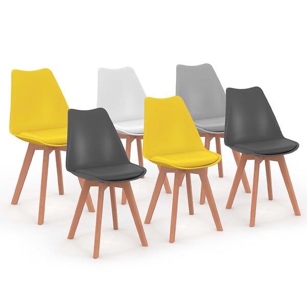 ID MARKET - Lot de 6 chaises scandinaves SARA mix color gris clair, blanc, gris foncé x2, jaune x2 - large