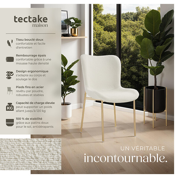 TECTAKE - 6 chaises rembourrées tissu bouclette ergonomiques blanc/doré - large