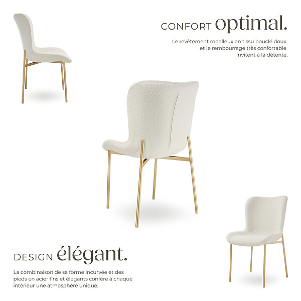 TECTAKE - 6 chaises rembourrées tissu bouclette ergonomiques blanc/doré - large