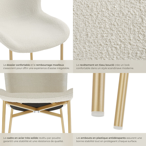 TECTAKE - 6 chaises rembourrées tissu bouclette ergonomiques blanc/doré - large