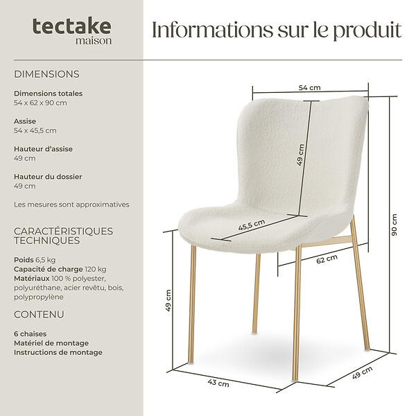 TECTAKE - 6 chaises rembourrées tissu bouclette ergonomiques blanc/doré - large