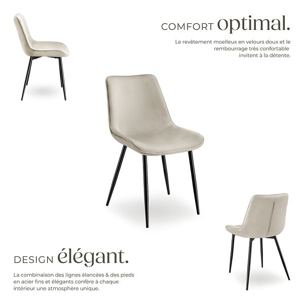 TECTAKE - Lot de 8 chaises Rembourrées aspect velours assise Ergonomique crème - large