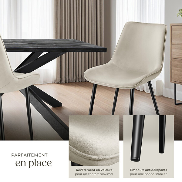 TECTAKE - Lot de 8 chaises Rembourrées aspect velours assise Ergonomique crème - large
