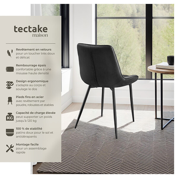 TECTAKE - Lot de 8 chaises Rembourrées aspect velours assise Ergonomique noir - large