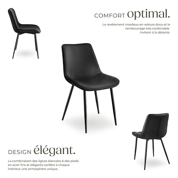 TECTAKE - Lot de 8 chaises Rembourrées aspect velours assise Ergonomique noir - large