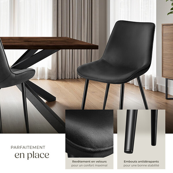 TECTAKE - Lot de 8 chaises Rembourrées aspect velours assise Ergonomique noir - large