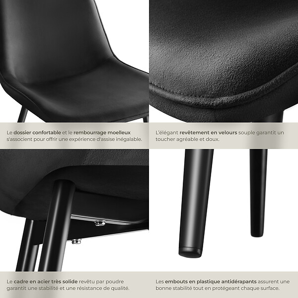 TECTAKE - Lot de 8 chaises Rembourrées aspect velours assise Ergonomique noir - large