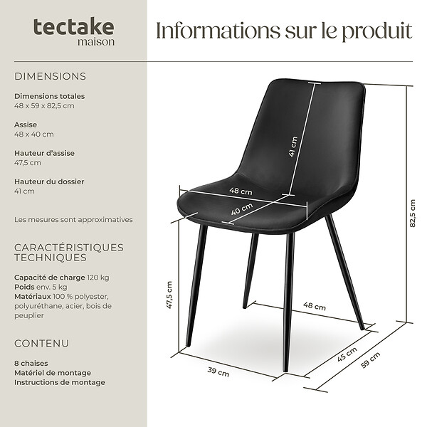 TECTAKE - Lot de 8 chaises Rembourrées aspect velours assise Ergonomique noir - large