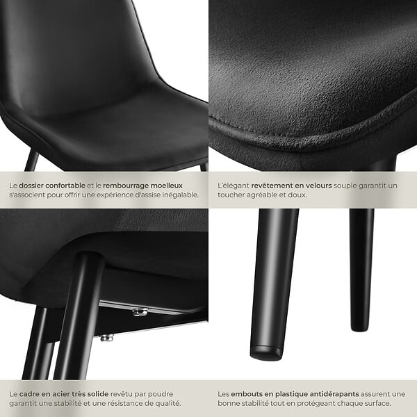 TECTAKE - Lot de 6 chaises Rembourrées aspect velours assise Ergonomique noir - large