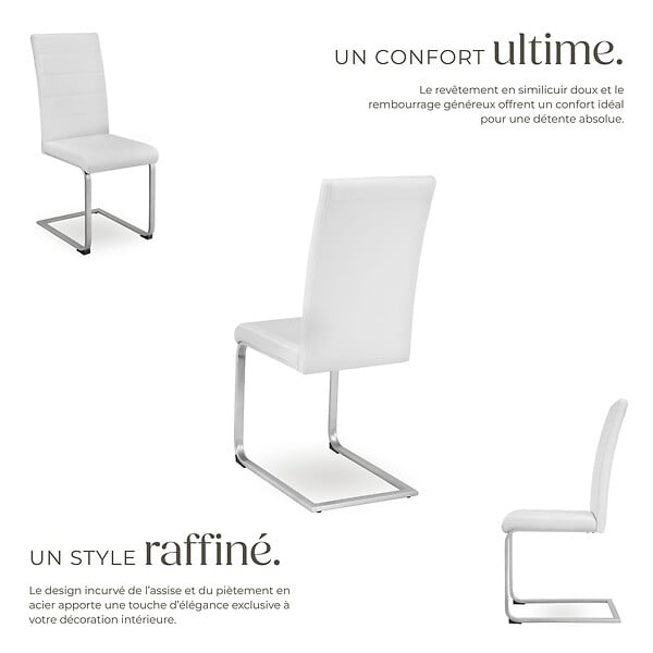 TECTAKE - Lot 6 chaises de salle à manger rembourrées pieds en métal blanc - large