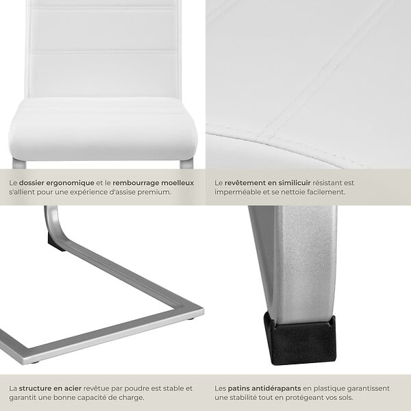 TECTAKE - Lot 6 chaises de salle à manger rembourrées pieds en métal blanc - large