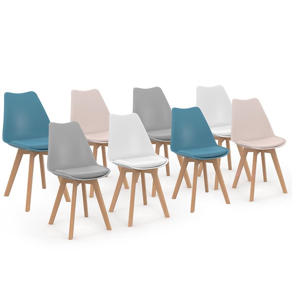 ID MARKET - Lot de 8 chaises scandinaves SARA mix color pastel rose x2, blanc x2, gris clair x2, bleu x2 - large