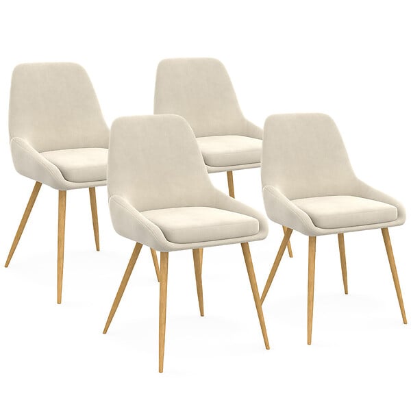 ID MARKET - Lot de 4 chaises THALYA en velours beige et pieds effet bois avec accoudoirs - large