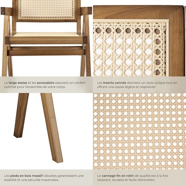 TECTAKE - Chaise de salle à manger cannage viennois style boho chêne clair - large