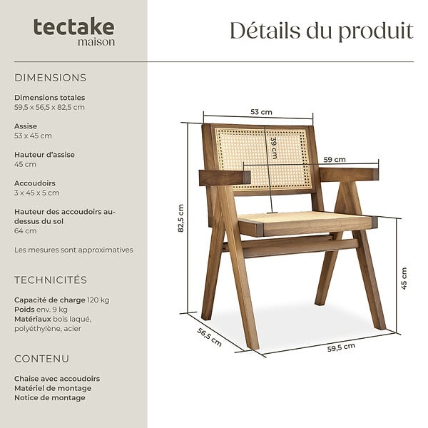 TECTAKE - Chaise de salle à manger cannage viennois style boho chêne clair - large
