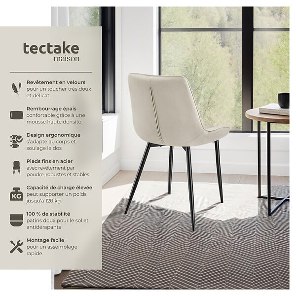 TECTAKE - Lot de 6 chaises Rembourrées aspect velours assise Ergonomique crème - large