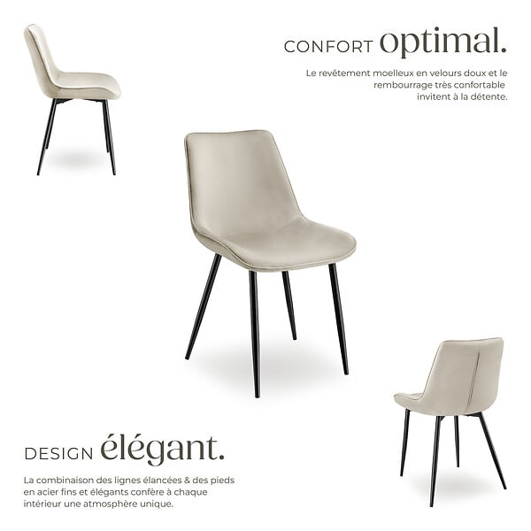 TECTAKE - Lot de 6 chaises Rembourrées aspect velours assise Ergonomique crème - large