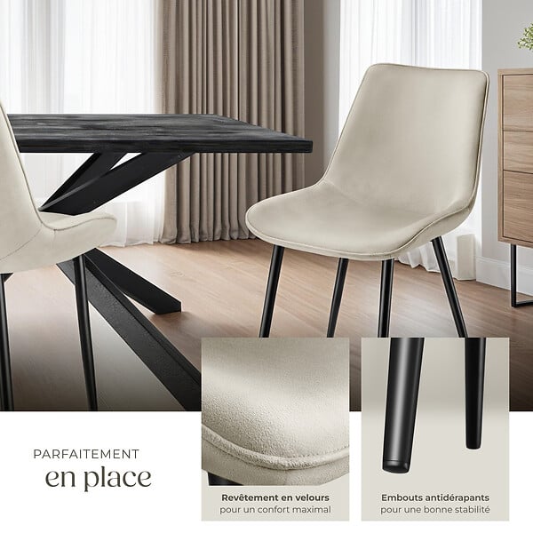 TECTAKE - Lot de 6 chaises Rembourrées aspect velours assise Ergonomique crème - large