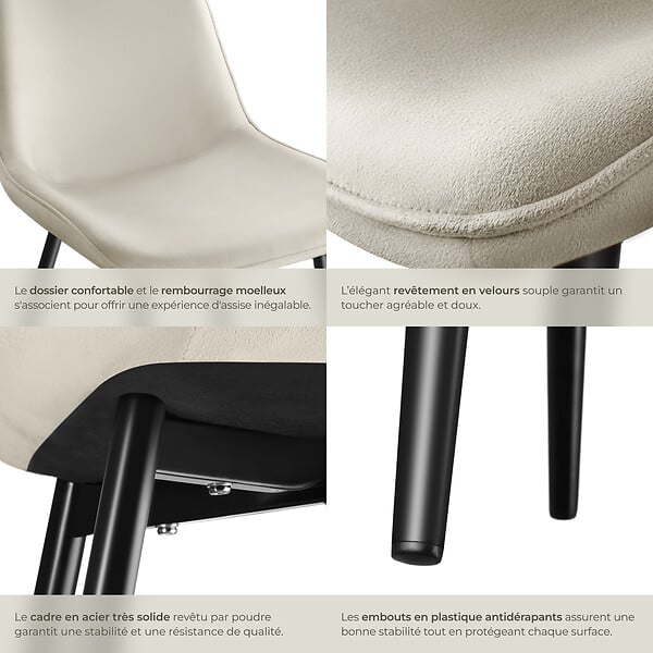 TECTAKE - Lot de 6 chaises Rembourrées aspect velours assise Ergonomique crème - large