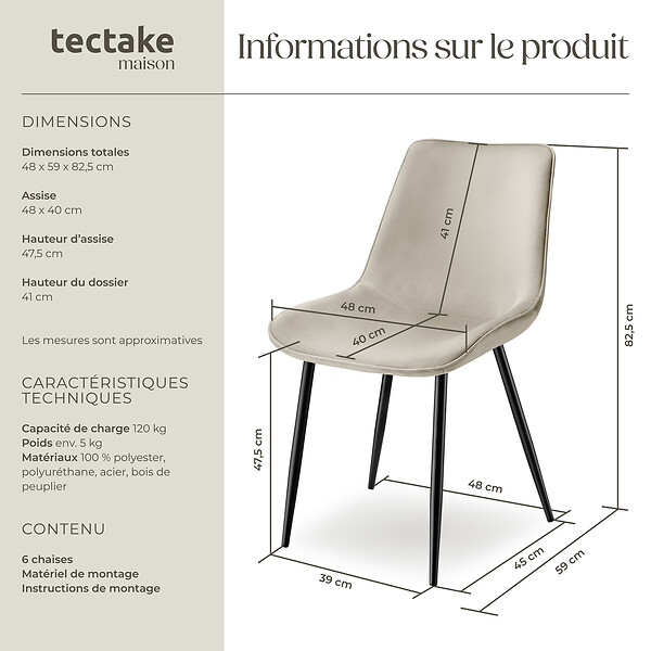 TECTAKE - Lot de 6 chaises Rembourrées aspect velours assise Ergonomique crème - large