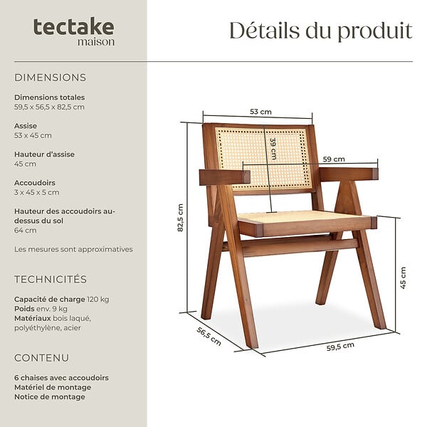 TECTAKE - Lot 6 chaises de salle à manger cannage viennois boho chêne foncé - large