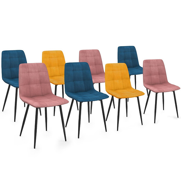 ID MARKET - Lot de 8 chaises MILA en velours mix color bleu x3, rose x3, jaune ocre x2 - large
