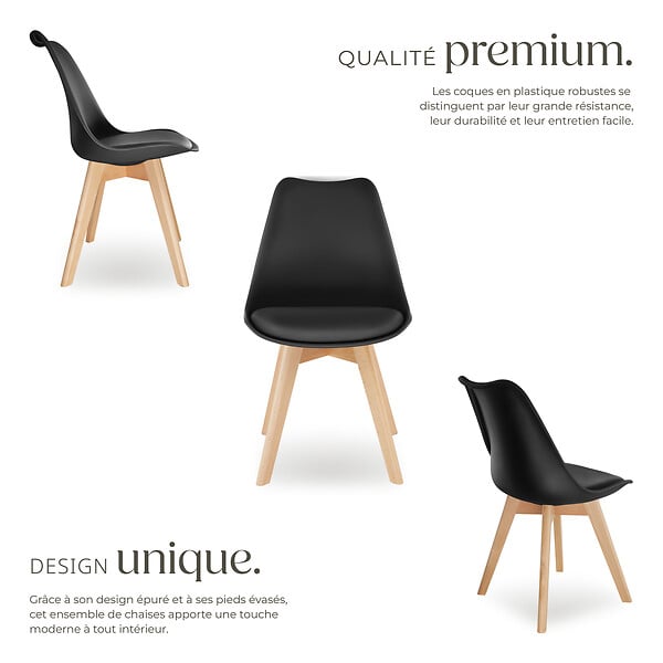 TECTAKE - Lot 6 chaises salle à manger style scandinave forme ergonomique noir - large