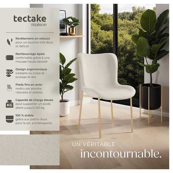 TECTAKE - 2 chaises rembourrées en velours forme ergonomique blanc/doré - large