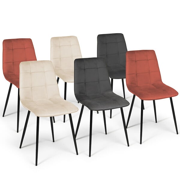 ID MARKET - Lot de 6 chaises MILA en velours mix color terracotta x2, gris foncé x2 et beige x2 - large