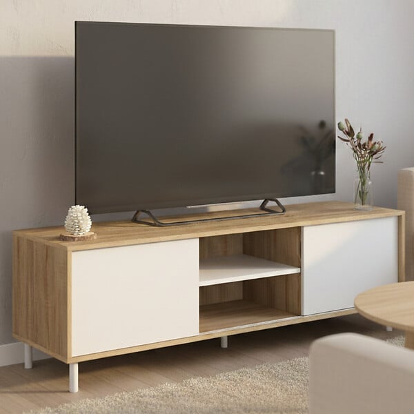 ID MARKET - Meuble TV 140 cm EASY montage sans outils 2 portes coulissantes réversibles effet bois et blanc - large