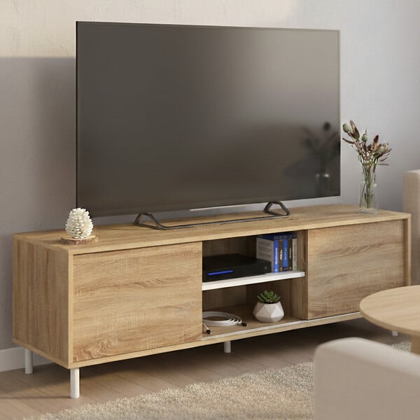 ID MARKET - Meuble TV 140 cm EASY montage sans outils 2 portes coulissantes réversibles effet bois et blanc - large